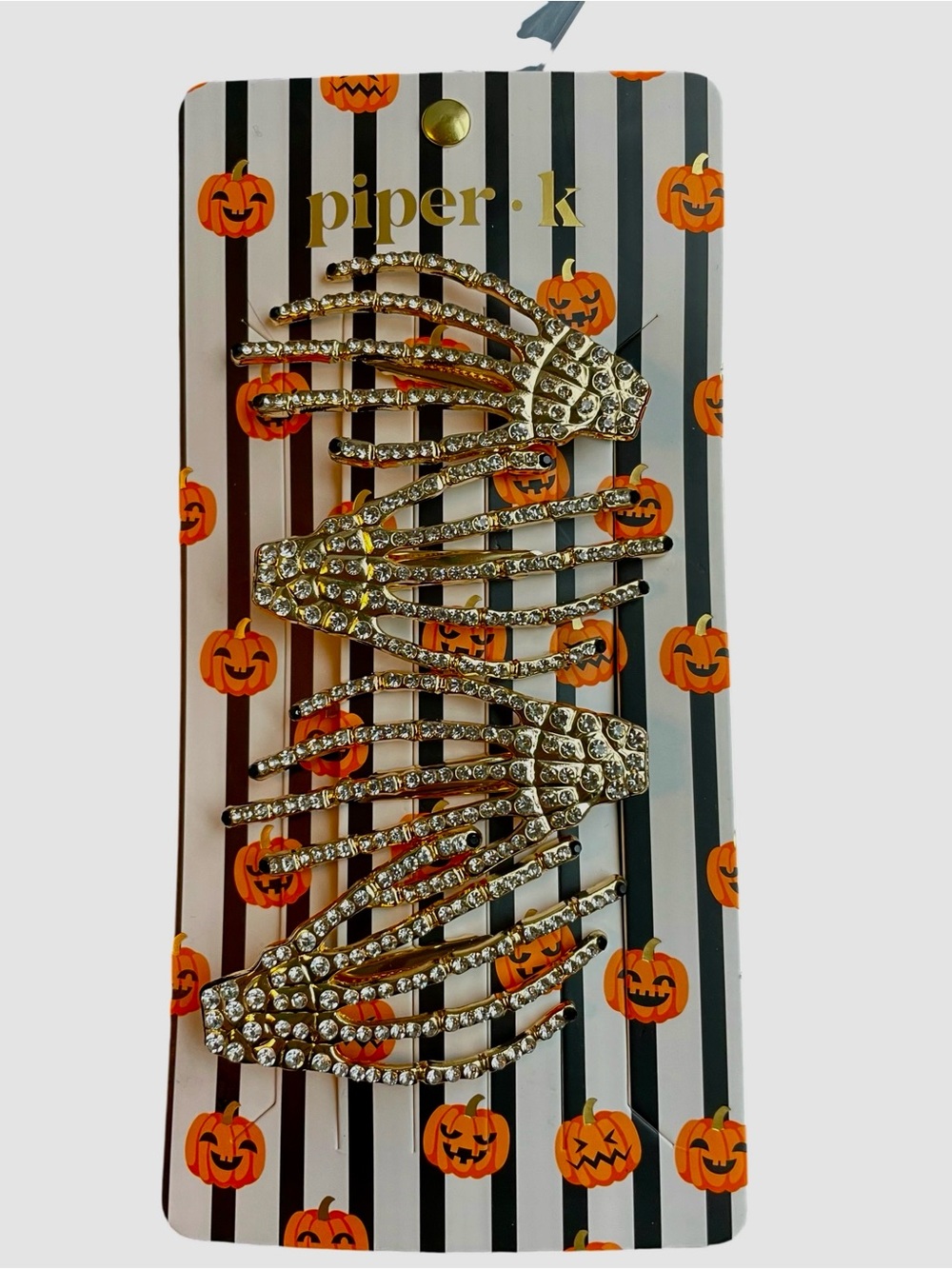 Piper Gold Rhinestone Skeleton Hand Hair Clips Sparkling Gold